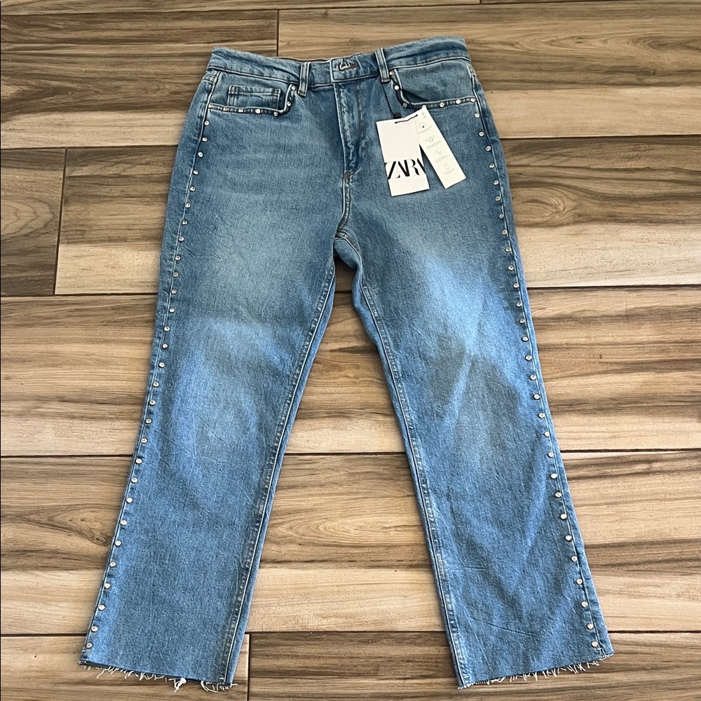 Zara Women's Straight Leg Blue Jeans with Stud Accents